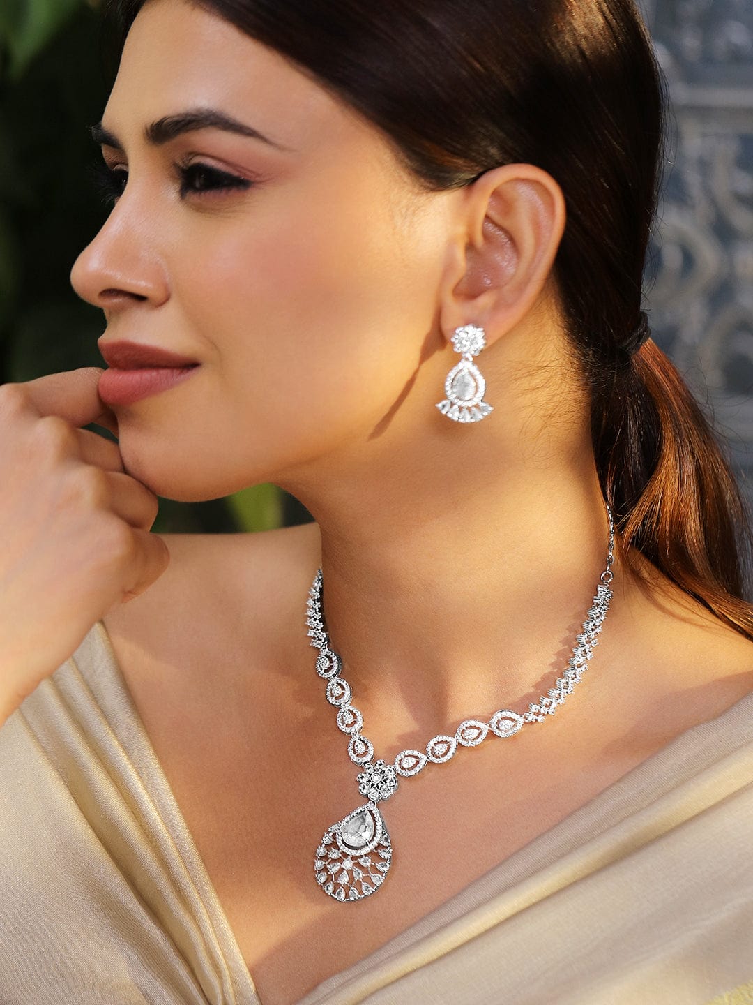 Rubans Rhodium-Plated AD & Cubic Zirconia Studded Statement Necklace Set Necklace Set