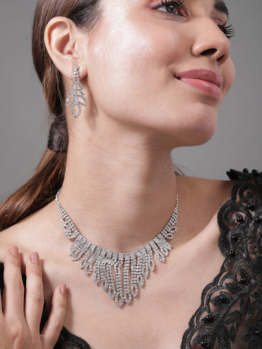 Rubans Rhodium Plated AD & Cubic Zirconia Studded Statement Necklace Set with Droplet Design Necklace Set