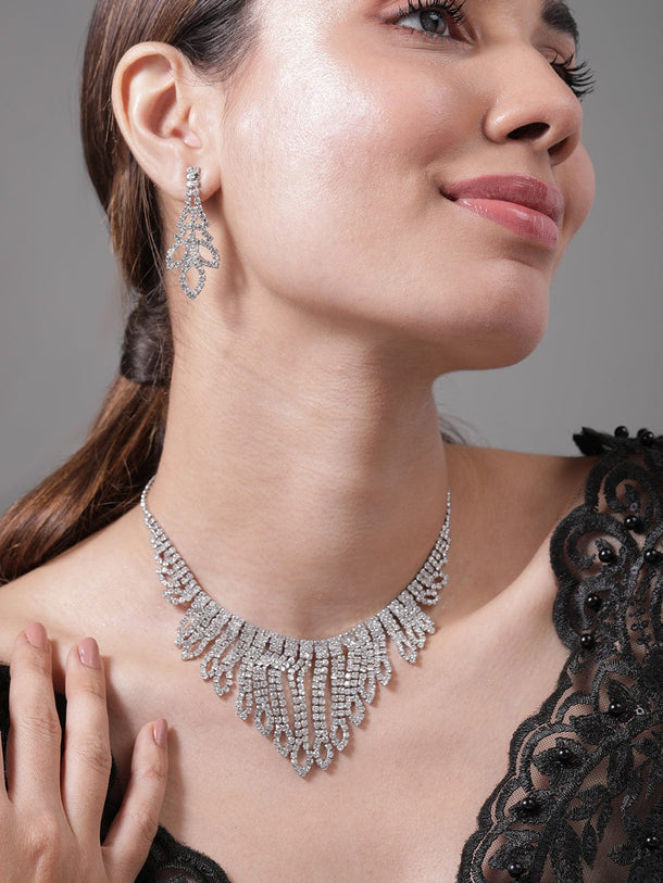 Rubans Rhodium Plated AD & Cubic Zirconia Studded Statement Necklace Set with Droplet Design Necklace Set