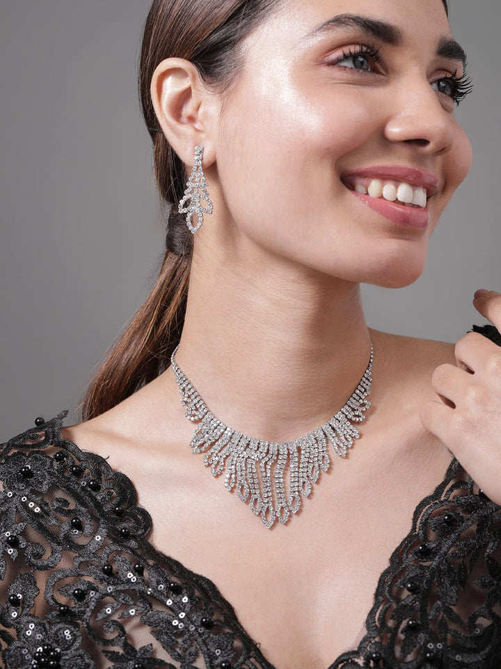 Rubans Rhodium Plated AD & Cubic Zirconia Studded Statement Necklace Set with Droplet Design Necklace Set