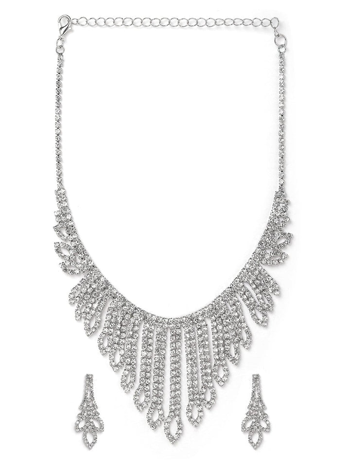 Rubans Rhodium Plated AD & Cubic Zirconia Studded Statement Necklace Set with Droplet Design Necklace Set