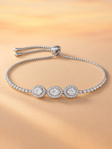 Rubans Rhodium Plated AD & Cubic Zirconia Studded Triple Oval Charm Bracelet Bracelet