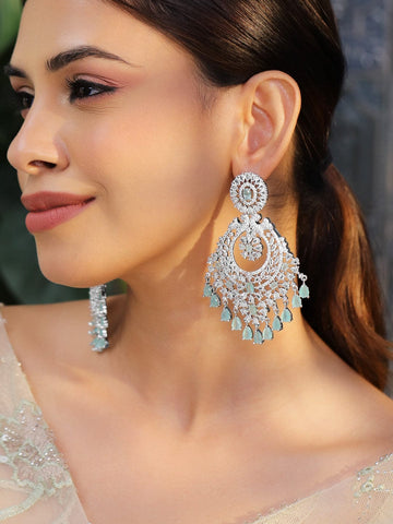 Rubans Rhodium-Plated AD & Mint Green Cubic Zirconia Studded Chandelier Earrings Earrings