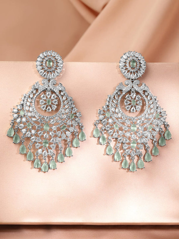 Rubans Rhodium-Plated AD & Mint Green Cubic Zirconia Studded Chandelier Earrings Earrings