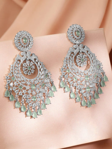 Rubans Rhodium-Plated AD & Mint Green Cubic Zirconia Studded Chandelier Earrings Earrings