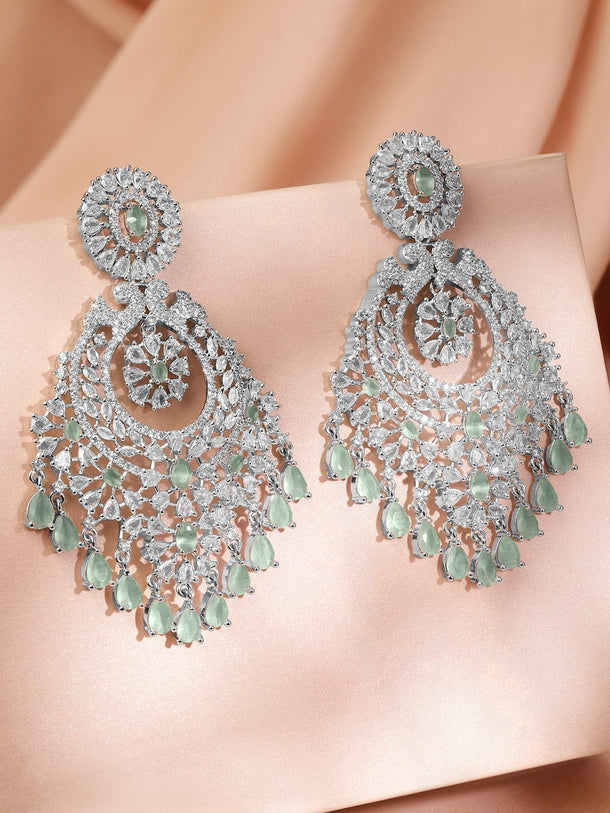 Rubans Rhodium-Plated AD & Mint Green Cubic Zirconia Studded Chandelier Earrings Earrings