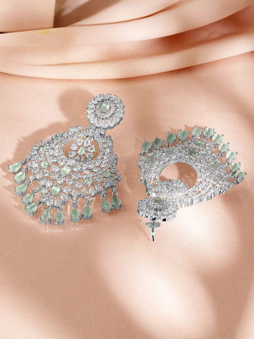 Rubans Rhodium-Plated AD & Mint Green Cubic Zirconia Studded Chandelier Earrings Earrings