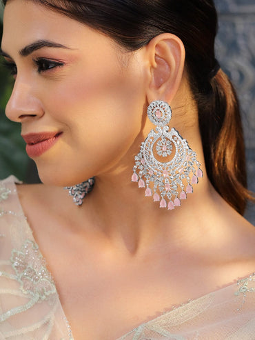 Rubans Rhodium-Plated AD & Pastel Pink Cubic Zirconia Studded Chandelier Earrings Earrings