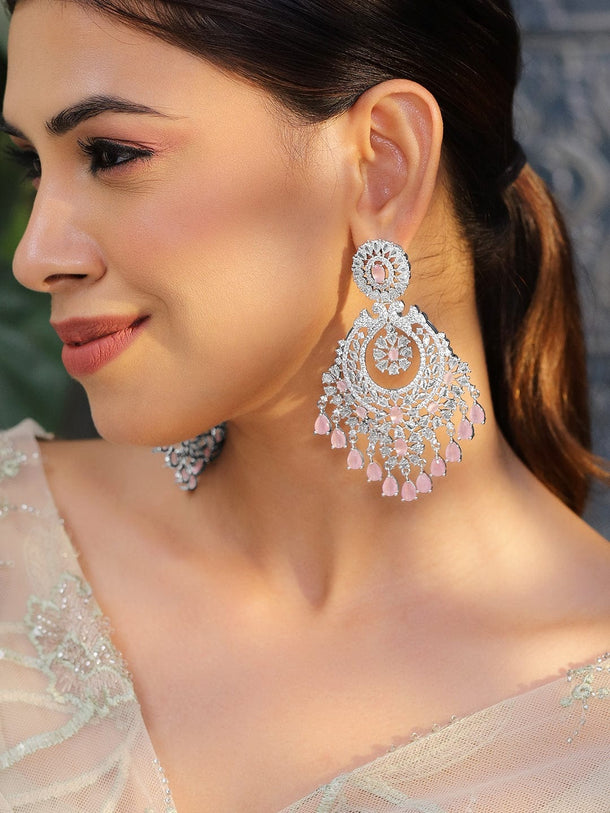 Rubans Rhodium-Plated AD & Pastel Pink Cubic Zirconia Studded Chandelier Earrings Earrings