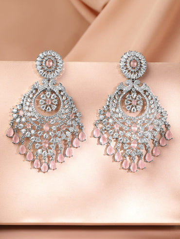 Rubans Rhodium-Plated AD & Pastel Pink Cubic Zirconia Studded Chandelier Earrings Earrings