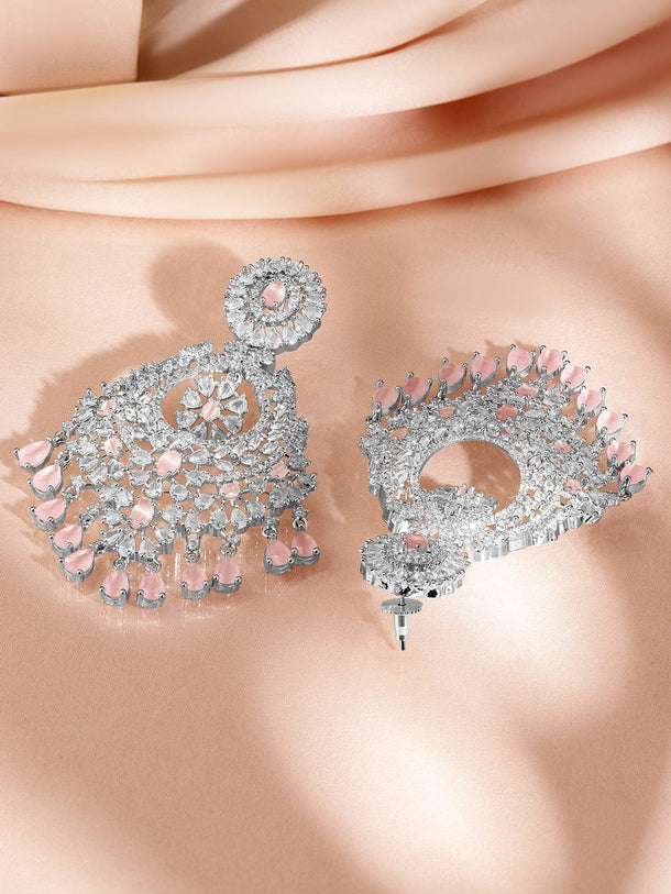 Rubans Rhodium-Plated AD & Pastel Pink Cubic Zirconia Studded Chandelier Earrings Earrings