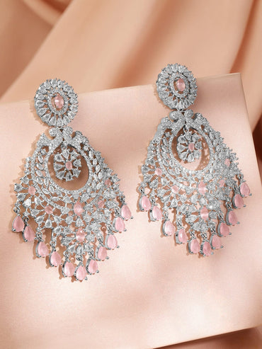 Rubans Rhodium-Plated AD & Pastel Pink Cubic Zirconia Studded Chandelier Earrings Earrings