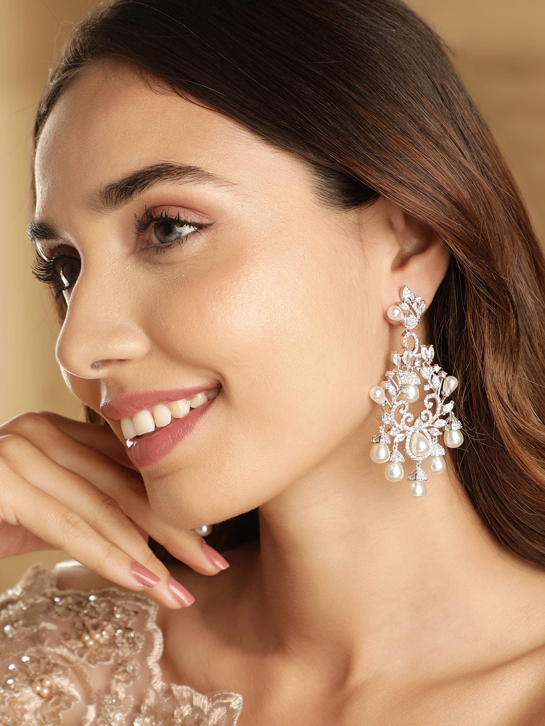 Rubans Rhodium Plated AD studded Chandelier Earring with Pearl Drops Earrings