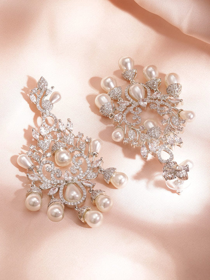 Rubans Rhodium Plated AD studded Chandelier Earring with Pearl Drops Earrings