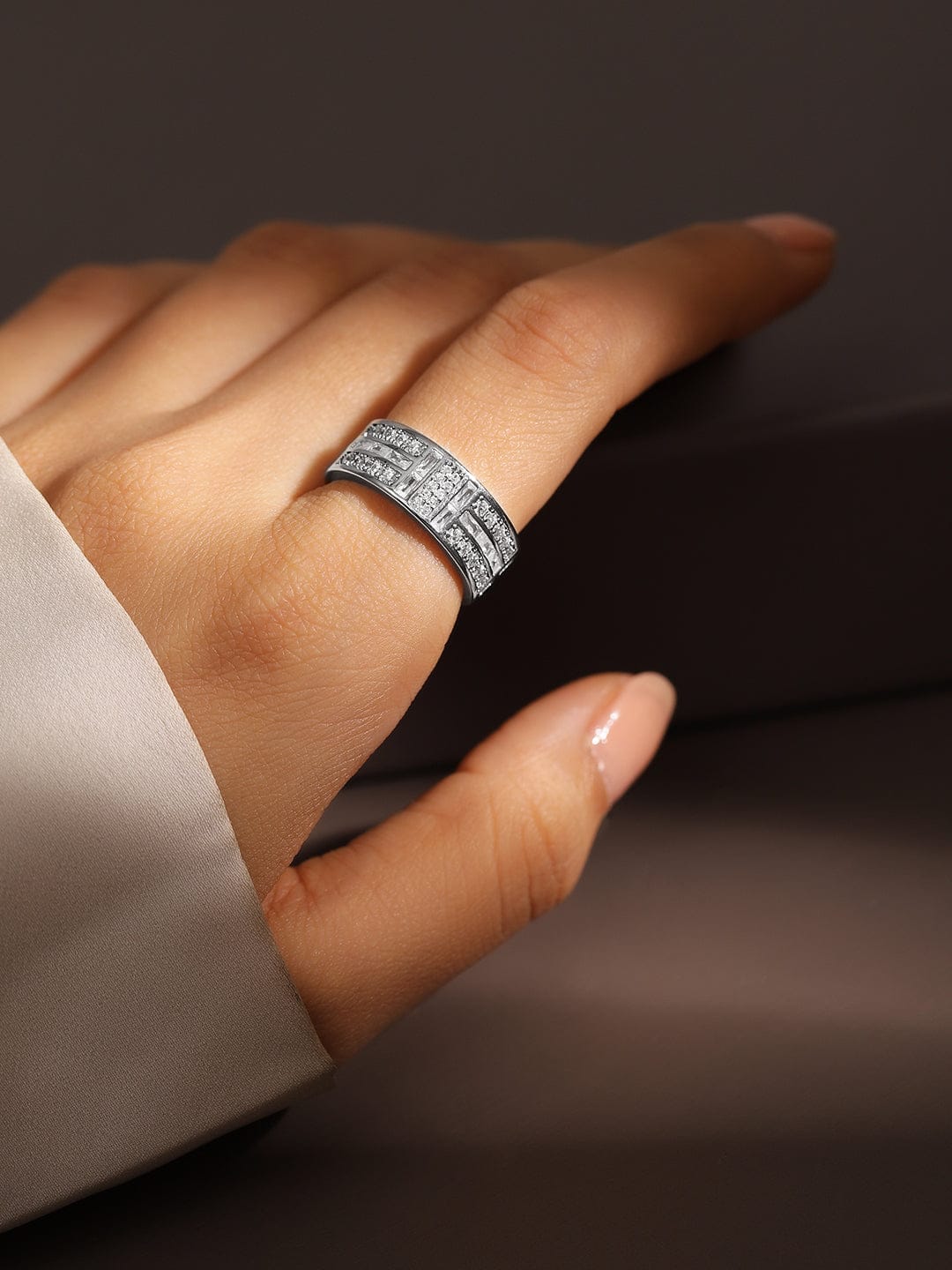 Rubans Rhodium-Plated Adjustable Openable Ring with Baguette & PavÃƒÂ© Cubic Zirconia Rings