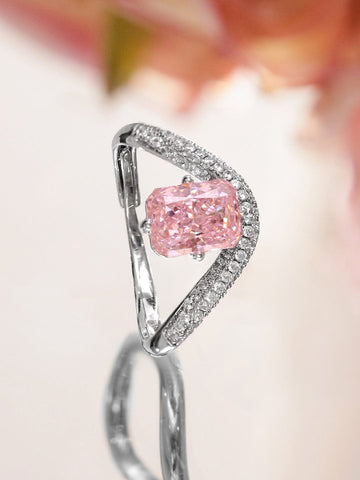 Rubans Rhodium-Plated Adjustable Ring with Crystal Pink Stone & Cubic Zirconia Detailing Rings