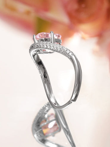 Rubans Rhodium-Plated Adjustable Ring with Crystal Pink Stone & Cubic Zirconia Detailing Rings