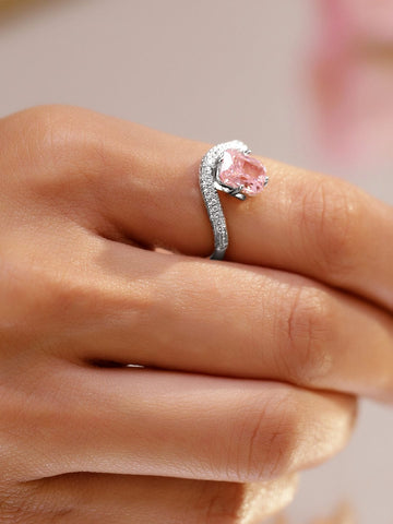 Rubans Rhodium-Plated Adjustable Ring with Crystal Pink Stone & Cubic Zirconia Detailing Rings
