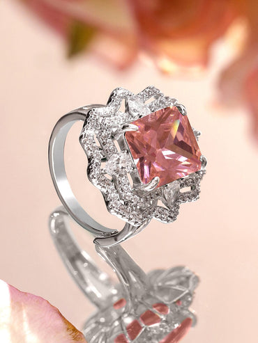 Rubans Rhodium-Plated Adjustable Statement Ring with Pastel Pink Crystal and Cubic Zirconia Detailing Rings