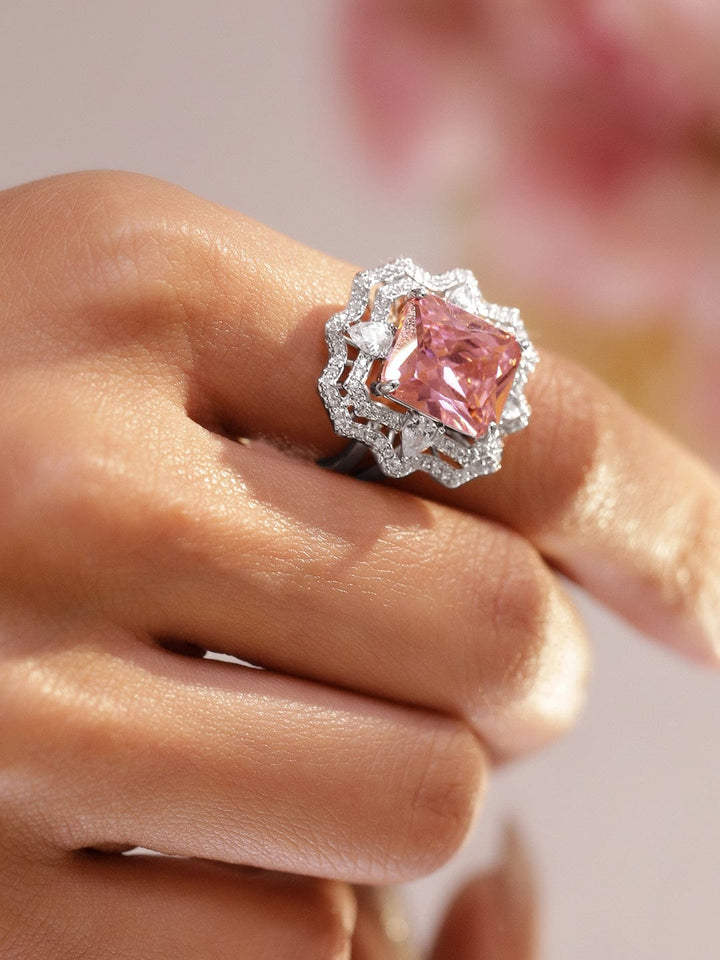 Rubans Rhodium-Plated Adjustable Statement Ring with Pastel Pink Crystal and Cubic Zirconia Detailing Rings