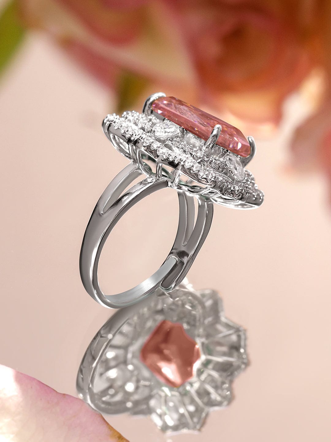 Rubans Rhodium-Plated Adjustable Statement Ring with Pastel Pink Crystal and Cubic Zirconia Detailing Rings