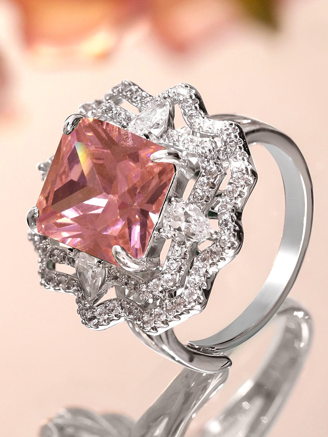 Rubans Rhodium-Plated Adjustable Statement Ring with Pastel Pink Crystal and Cubic Zirconia Detailing Rings