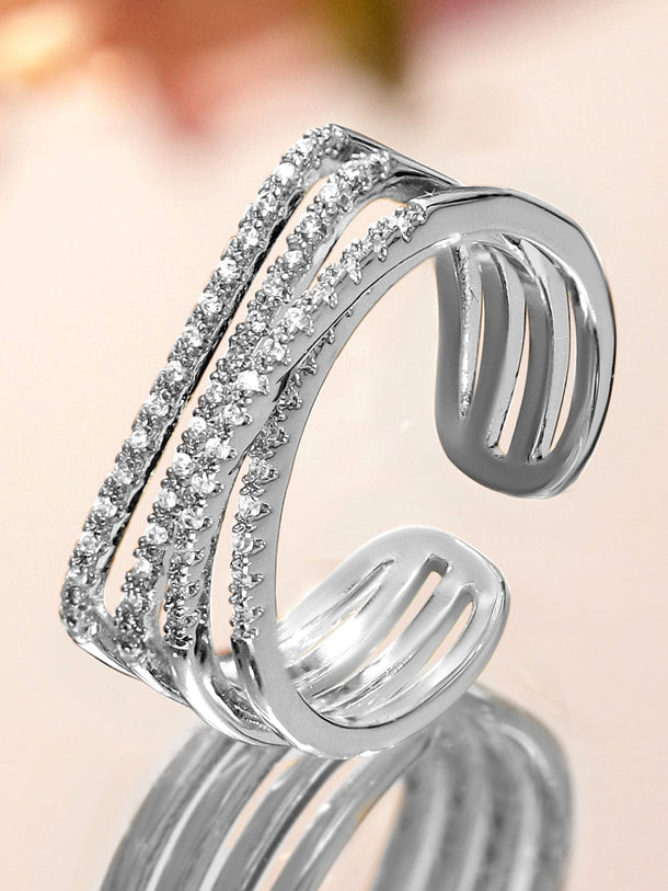Rubans Rhodium Plated Adjustable Triple Row Crystal-Studded Open Statement Ring Rings