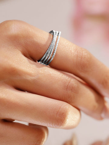 Rubans Rhodium Plated Adjustable Triple Row Crystal-Studded Open Statement Ring Rings