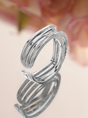 Rubans Rhodium Plated Adjustable Triple Row Crystal-Studded Open Statement Ring Rings