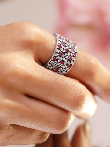Rubans Rhodium-Plated Adjustable Wide Band Ring with Ruby Red & White Cubic Zirconia Stones Finger Ring