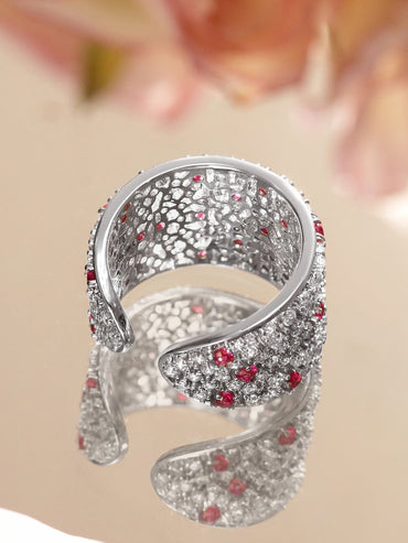 Rubans Rhodium-Plated Adjustable Wide Band Ring with Ruby Red & White Cubic Zirconia Stones Rings