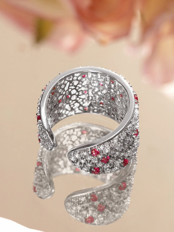 Rubans Rhodium-Plated Adjustable Wide Band Ring with Ruby Red & White Cubic Zirconia Stones Rings