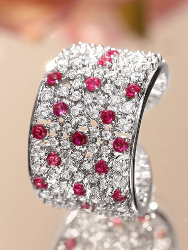 Rubans Rhodium-Plated Adjustable Wide Band Ring with Ruby Red & White Cubic Zirconia Stones Rings