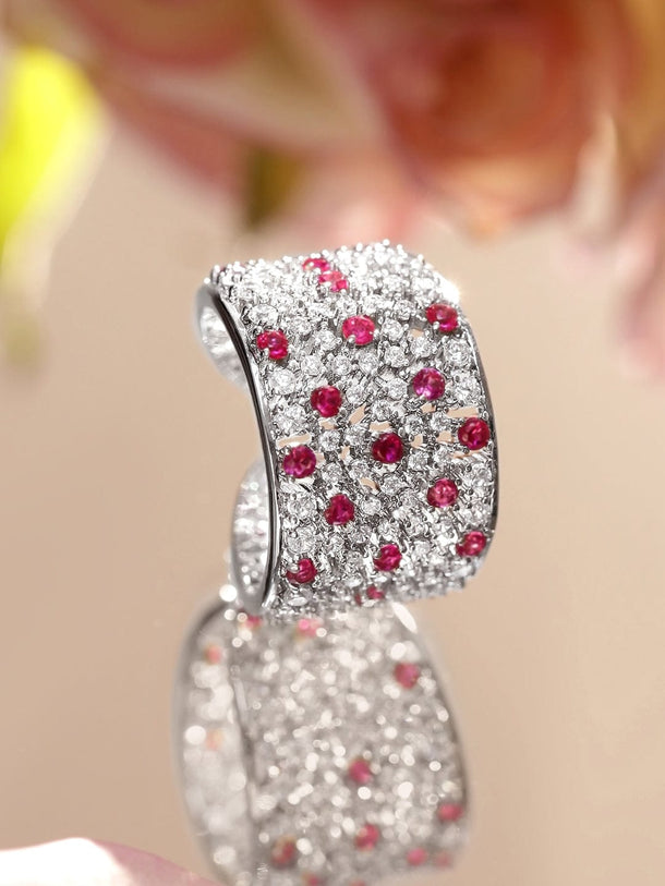 Rubans Rhodium-Plated Adjustable Wide Band Ring with Ruby Red & White Cubic Zirconia Stones Rings