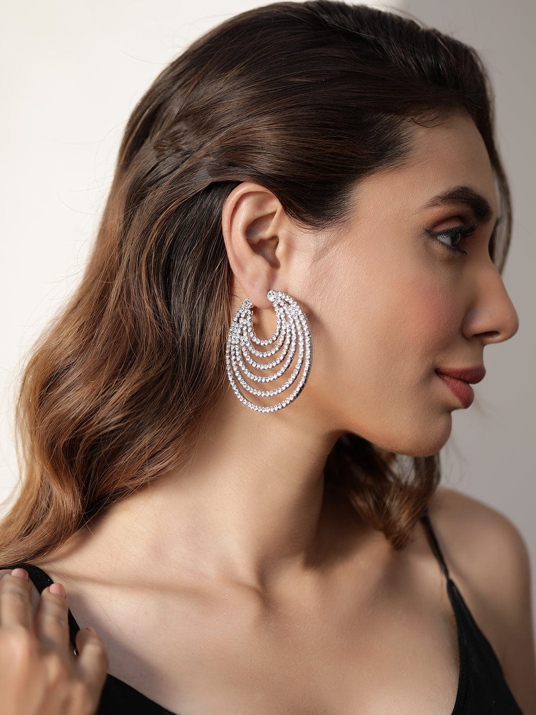 Rubans Rhodium-Plated American Diamond Contemporary Hoop Earrings Earrings