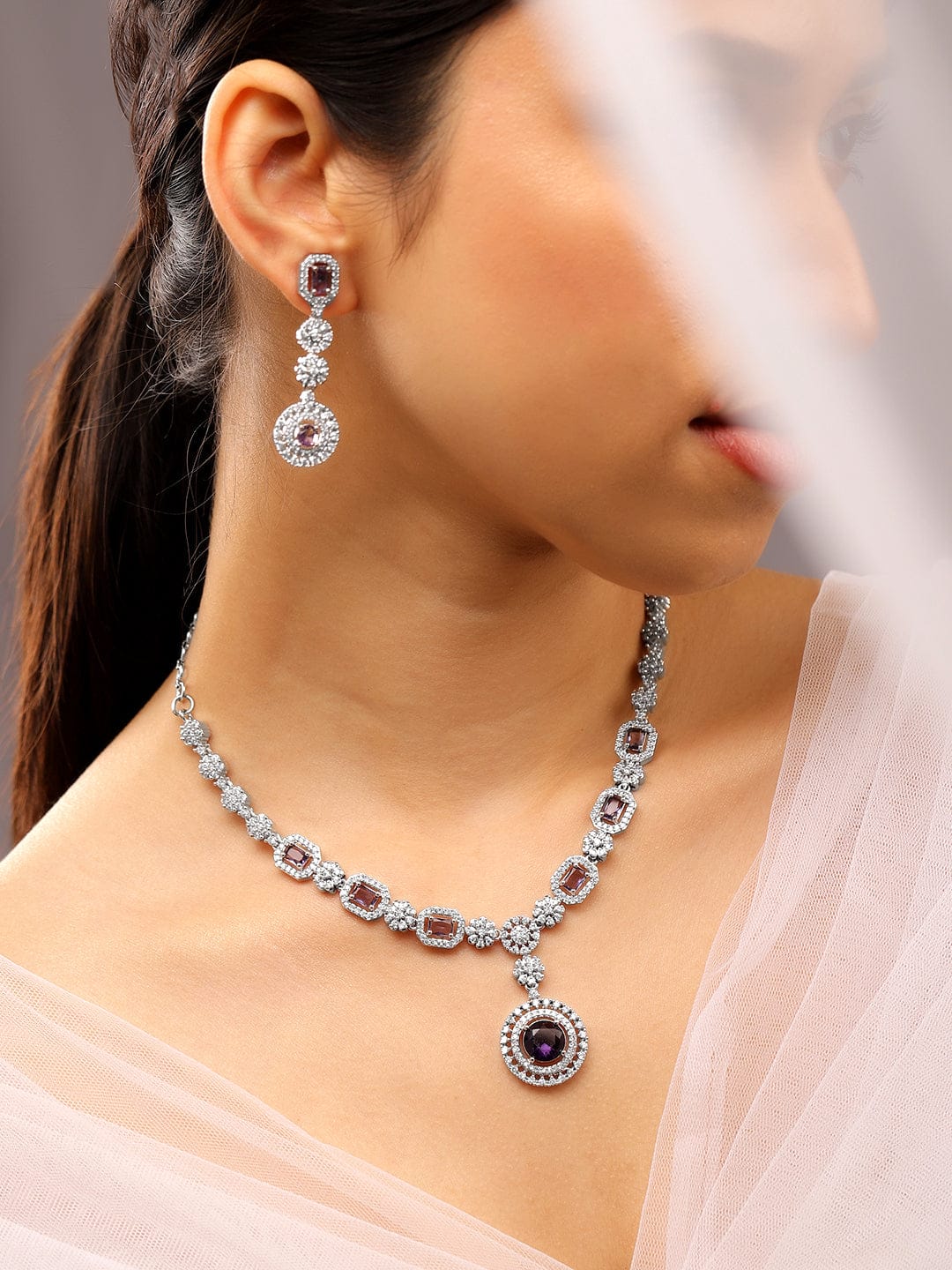 Rubans Rhodium-Plated Amethyst Purple & AAA Cubic Zirconia Luxe Necklace Set in Silver Tone for Women Jewellery Set