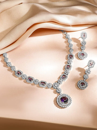 Rubans Rhodium-Plated Amethyst Purple & AAA Cubic Zirconia Luxe Necklace Set in Silver Tone for Women Jewellery Set