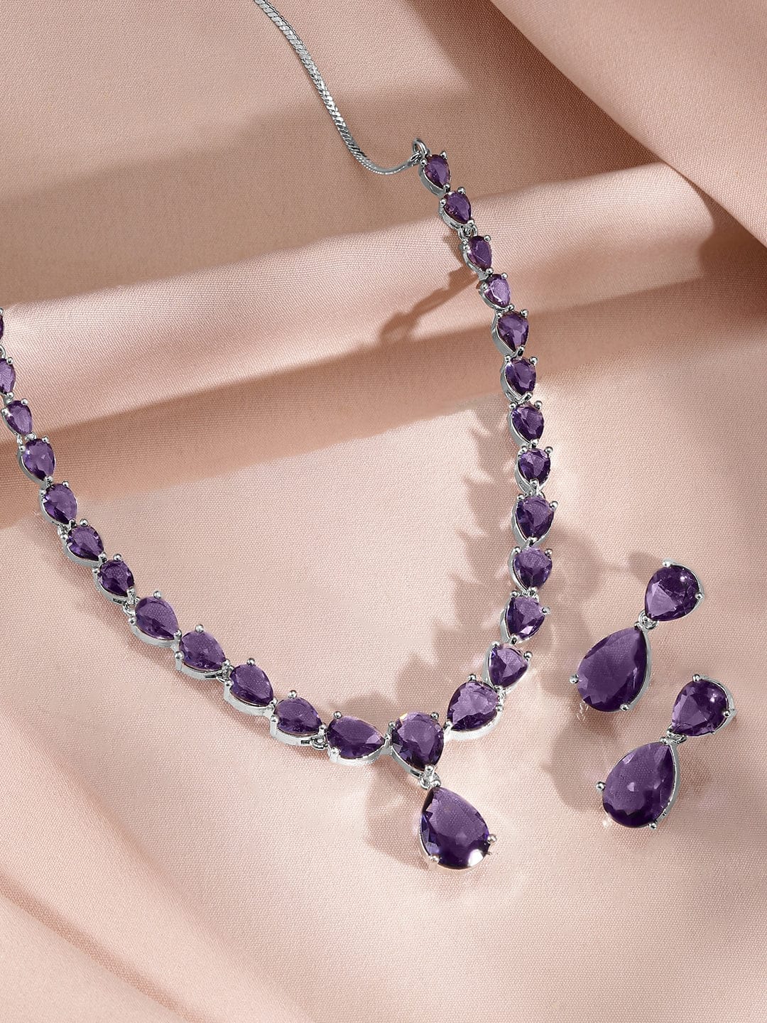 Rubans Rhodium-Plated Amethyst Purple AD & Cubic Zirconia Studded Necklace Set Jewellery Set