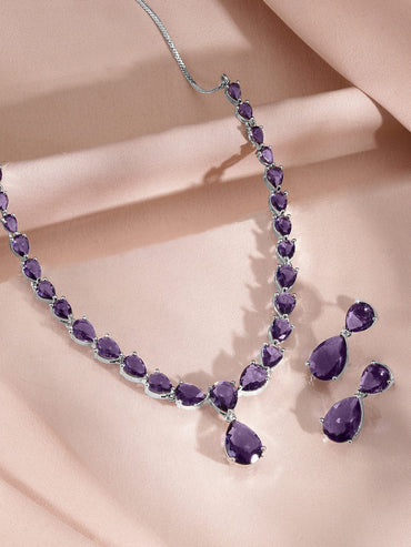 Rubans Rhodium-Plated Amethyst Purple AD & Cubic Zirconia Studded Necklace Set Jewellery Set