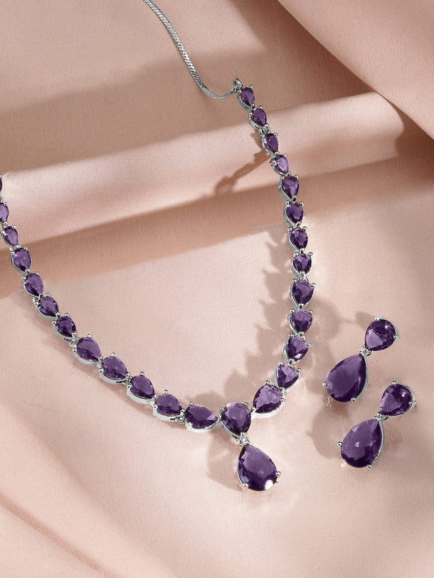 Rubans Rhodium-Plated Amethyst Purple AD & Cubic Zirconia Studded Necklace Set Jewellery Set