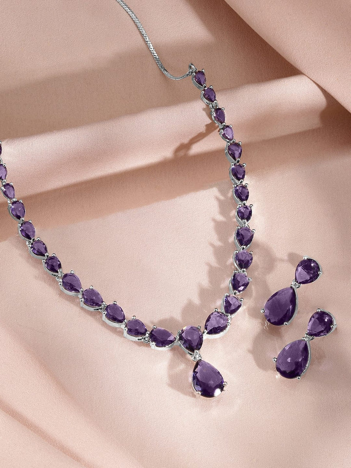 Rubans Rhodium-Plated Amethyst Purple AD & Cubic Zirconia Studded Necklace Set Jewellery Set