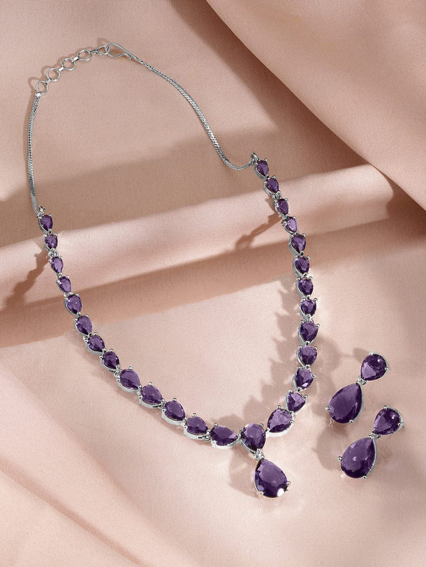 Rubans Rhodium-Plated Amethyst Purple AD & Cubic Zirconia Studded Necklace Set Jewellery Set