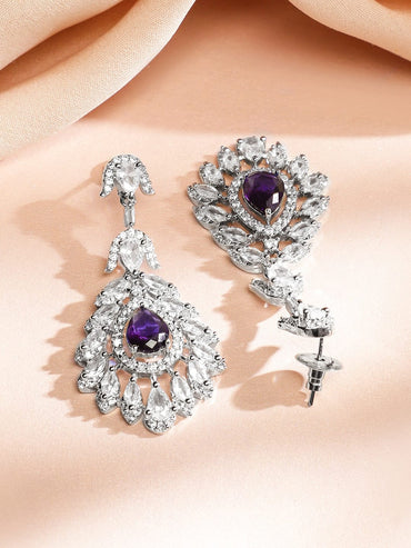 Rubans Rhodium-Plated Amethyst Purple & White Cubic Zirconia Stone Luxe Drop Necklace Set Jewellery Set