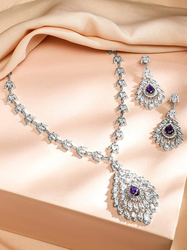 Rubans Rhodium-Plated Amethyst Purple & White Cubic Zirconia Stone Luxe Drop Necklace Set Jewellery Set