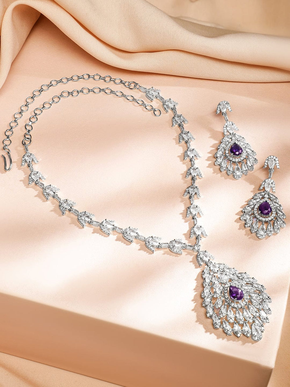Rubans Rhodium-Plated Amethyst Purple & White Cubic Zirconia Stone Luxe Drop Necklace Set Jewellery Set