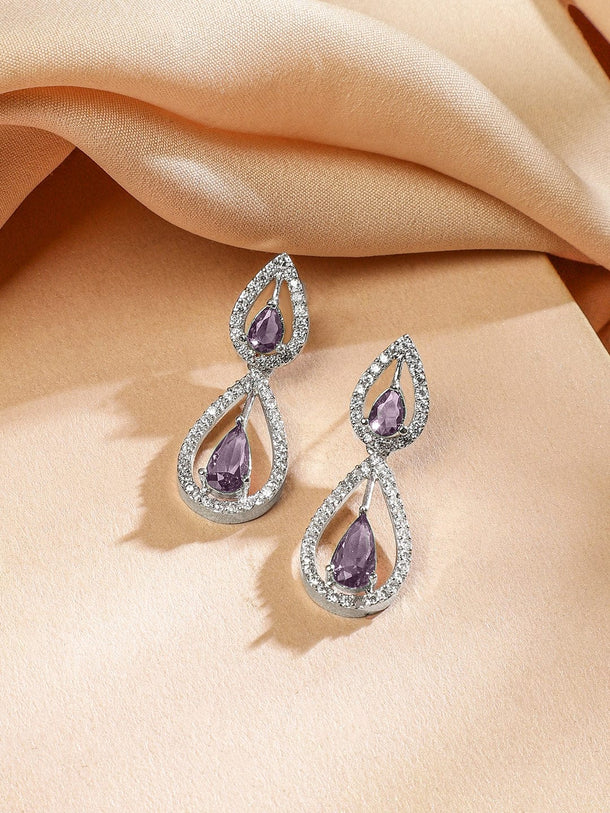 Rubans Rhodium Plated Amethyst Purple & White Cubic Zirconia Studded Teardrop Design Premium Jewellery Set Jewellery Set