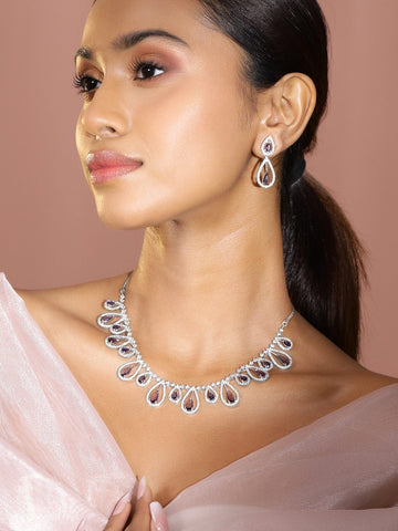 Rubans Rhodium Plated Amethyst Purple & White Cubic Zirconia Studded Teardrop Design Premium Jewellery Set Jewellery Set