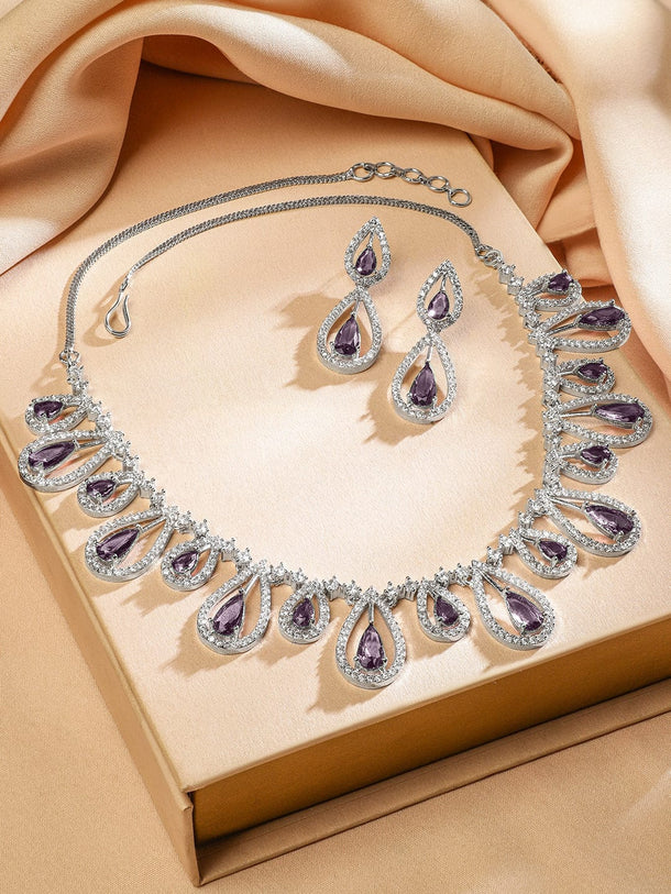 Rubans Rhodium Plated Amethyst Purple & White Cubic Zirconia Studded Teardrop Design Premium Jewellery Set Jewellery Set