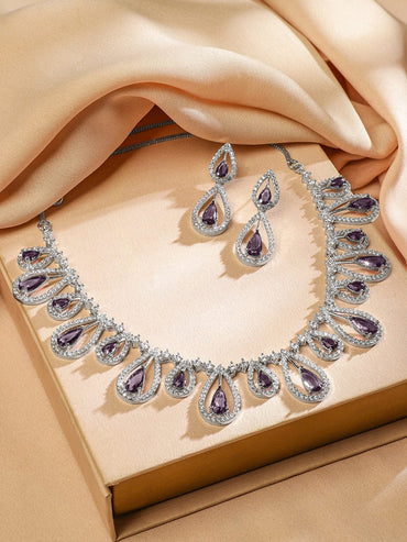 Rubans Rhodium Plated Amethyst Purple & White Cubic Zirconia Studded Teardrop Design Premium Jewellery Set Necklace Set