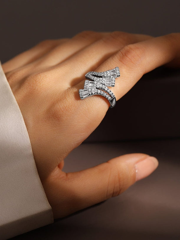 Rubans Rhodium-Plated Baguette & Cubic Zirconia Studded Adjustable Openable Statement Ring Rings